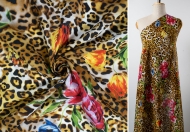 Krepdeszyn (Crêpe de Chine), logowana, motyw florystyczny + panterka, żółcienie